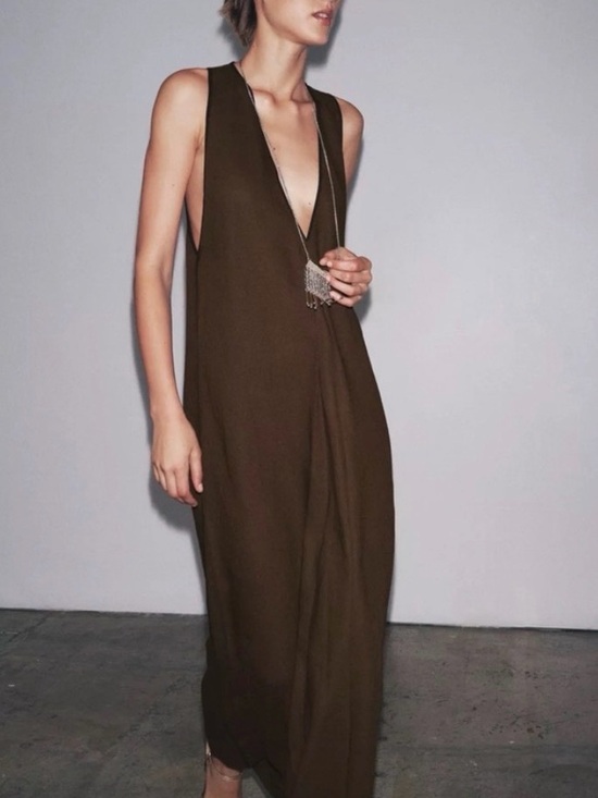 Zara Dresses & Skirts - NWT M Zara ZW Collection linen blend midi dress chocolate 8218/586